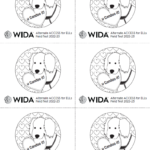 12 repeating white squares that feature a black circle with white hearts in it. In front of the circle is an illustration of a golden retriever dog holding a white heart in its mouth that says u candoo it. Underneath it says WIDA and Alternate ACCESS for ELLs Field Test 2022-23.