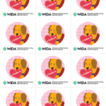 12 repeating white squares that feature a pink circle with pink hearts in it. In front of the circle is an illustration of a golden retriever dog holding a pink heart in its mouth that says u candoo it. Underneath it says WIDA and Alternate ACCESS for ELLs Field Test 2022-23.